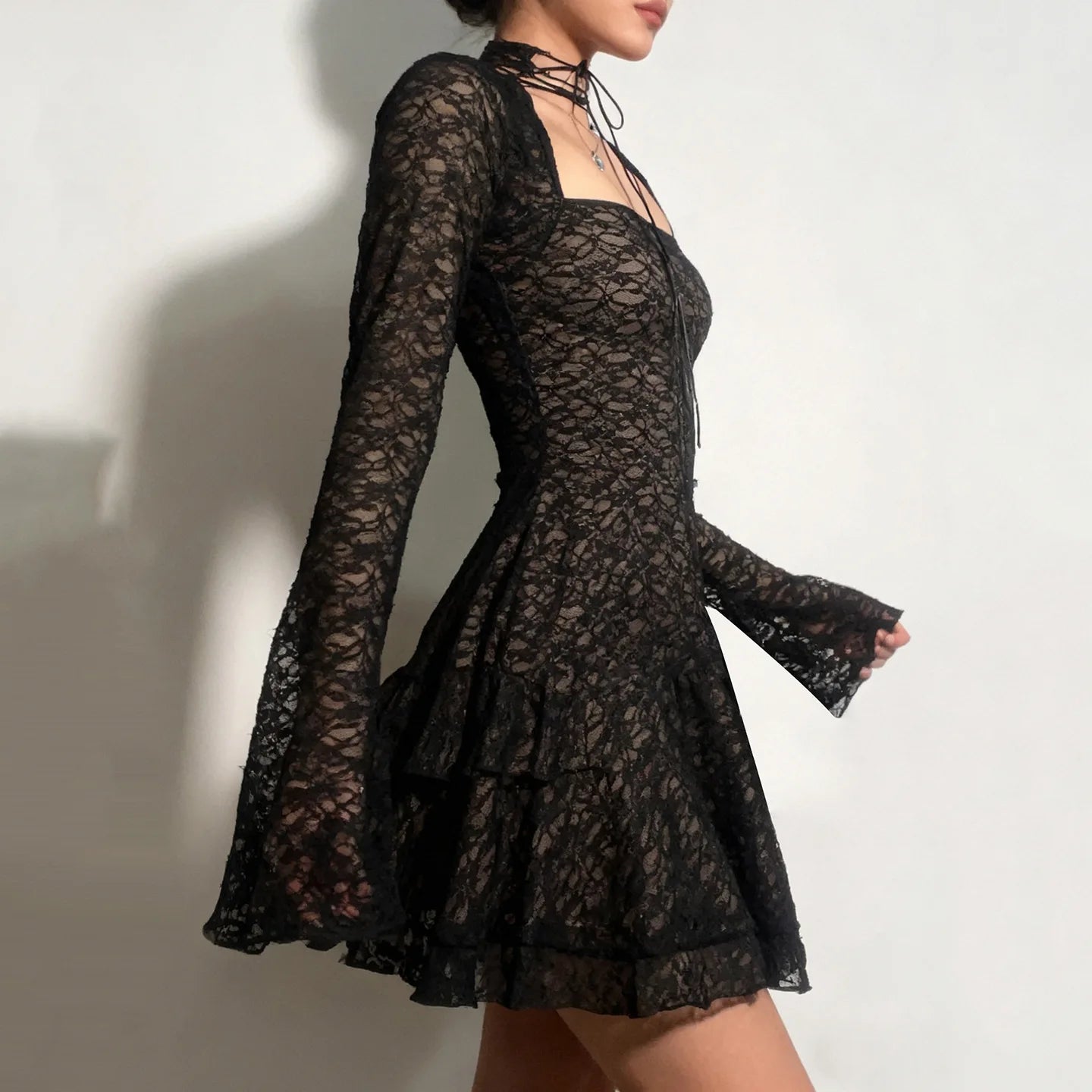 Gothic Alt Goth Square Collar Lace Mini Dress