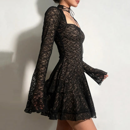 Gothic Alt Goth Square Collar Lace Mini Dress