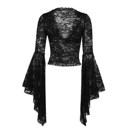 Gothic Vampire V-Neck Chain Beads Lace Bell Sleeves  Top