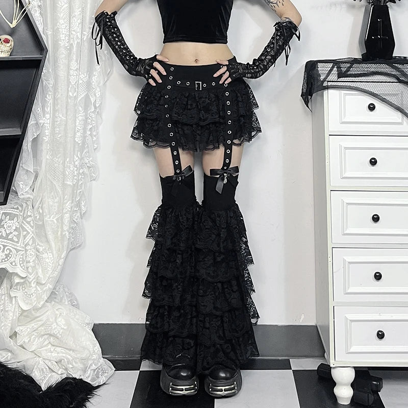 Gothic Alt Grommet Straps Ruffle Lace Mini Skirt