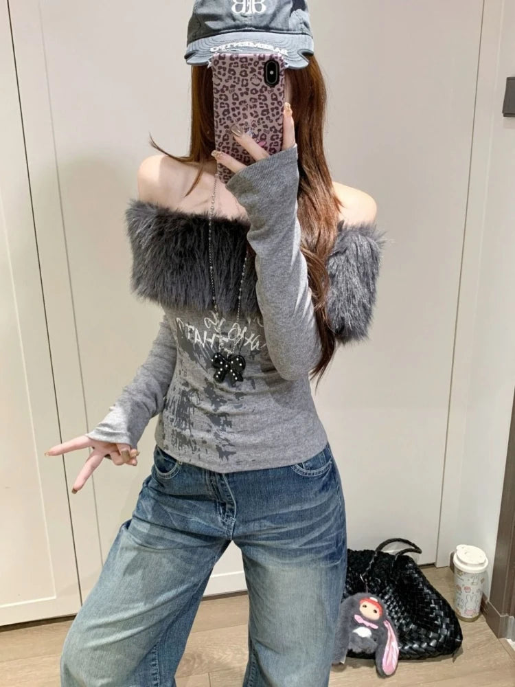 Gothic Y2K Off Shoulder Faux Fur Collar Printed Top (available in 2 colors)