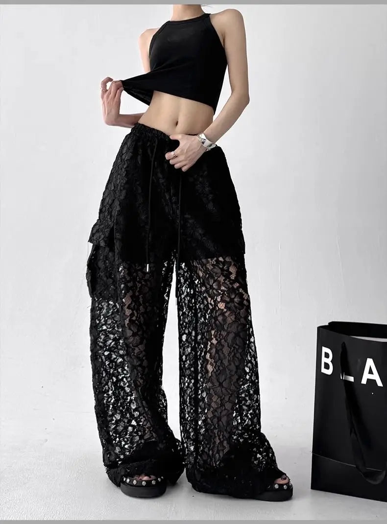 Gothic Y2K Summer Lace Wide Leg Pants (available in 2 colors)