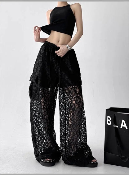 Gothic Y2K Summer Lace Wide Leg Pants (available in 2 colors)