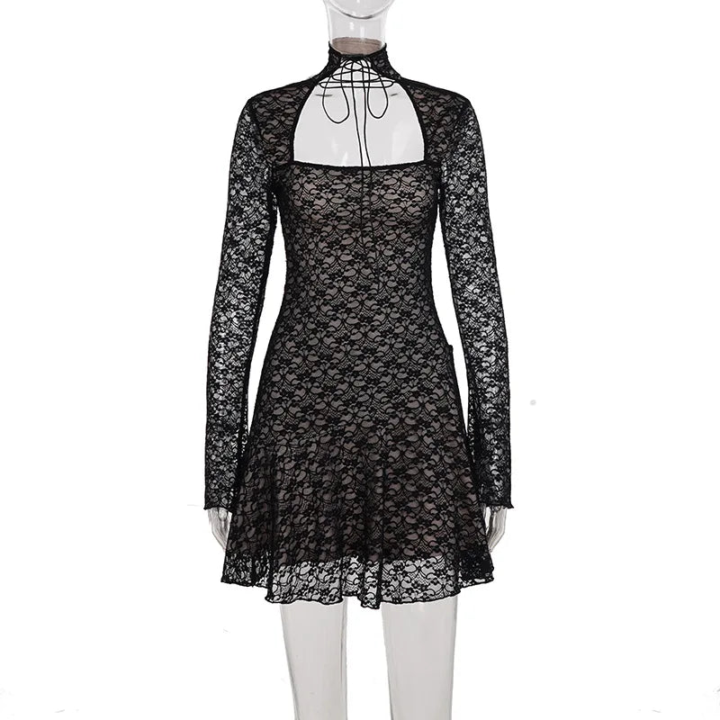Gothic Alt Goth Square Collar Lace Mini Dress