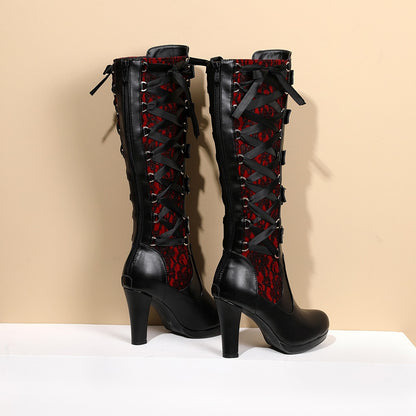 Gothic Multiple Belt Buckle Lace Knee High Boots