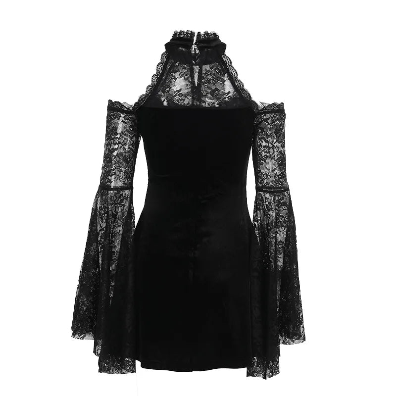 Gothic Alt Goth Cold Shoulder Bell Lace Sleeves Halter Mini Dress