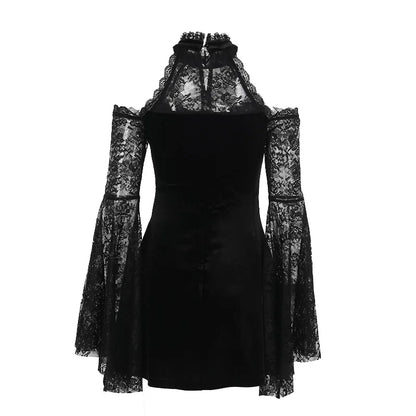 Gothic Alt Goth Cold Shoulder Bell Lace Sleeves Halter Mini Dress