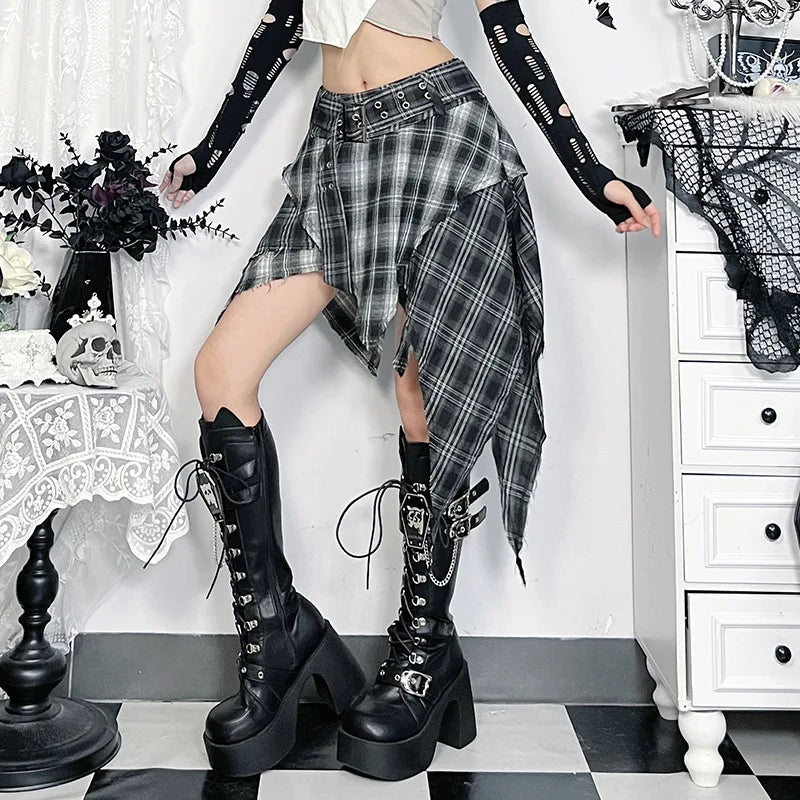 Gothic Grunge Alt Goth Harajuku Black White Plaid Irregular Hem Mini Skirt