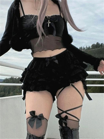 Gothic Alt High Waist Layered Ruffles Bloomer Shorts