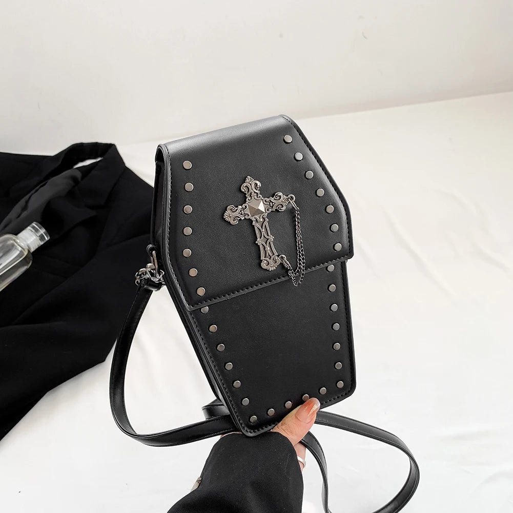 Gothic Cross Coffin Shaped PU Leather Crossbody Bag