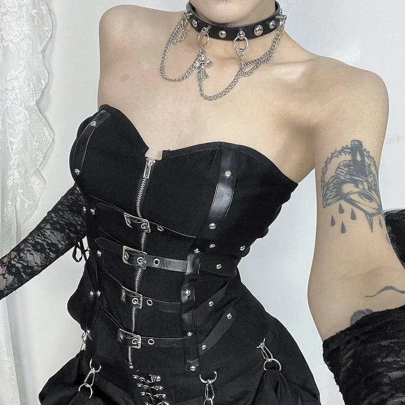 Gothic Faux Leather Buckle Strapless Corset Top