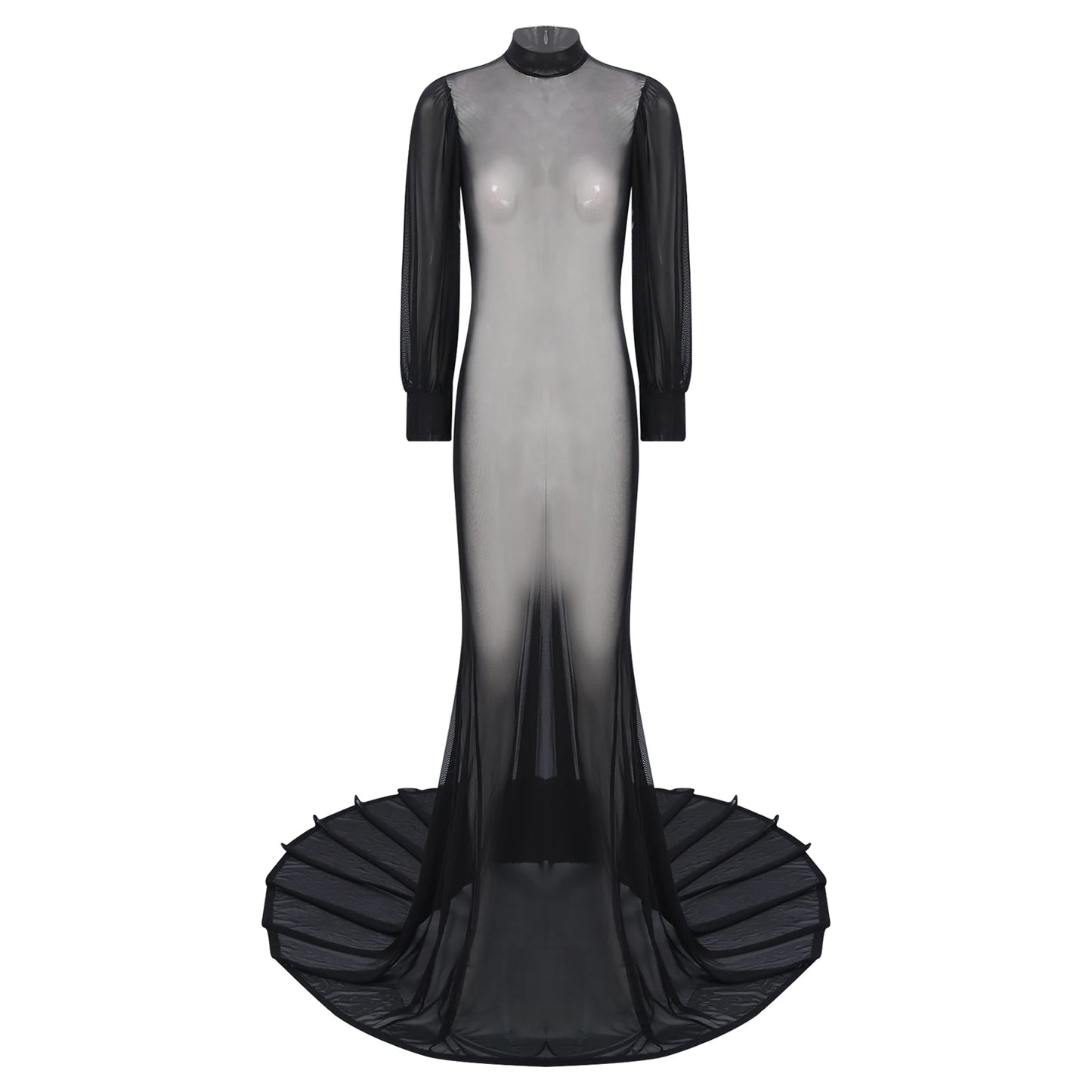 Gothic Romantic Vampire Goth Lantern Sleeve Mesh See Through Court Train Long Dress