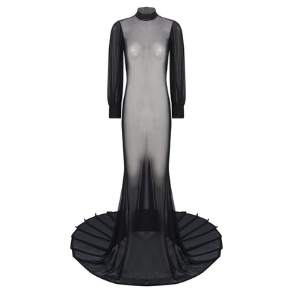 Gothic Romantic Vampire Goth Lantern Sleeve Mesh See Through Court Train Long Dress