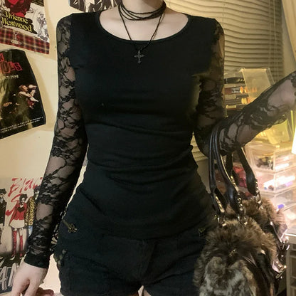 Gothic Alt Goth Lace Sleeves Sheer Back Shirt Top