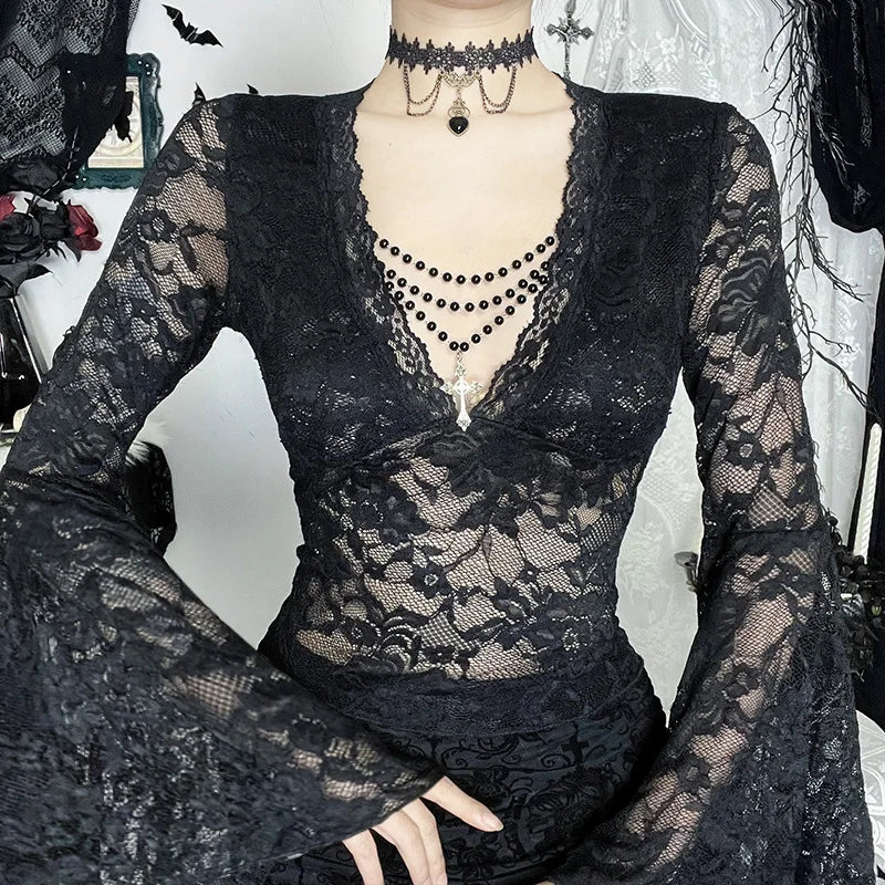 Gothic Vampire V-Neck Chain Beads Lace Bell Sleeves  Top