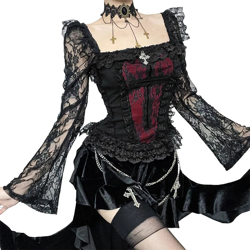 Gothic Cross Patchwork Lace Sleeves Romantic Goth Top