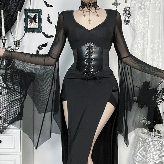 Gothic Dark Romantic Goth Sheer Flare Sleeves High Slit Wide Belt Long Dress