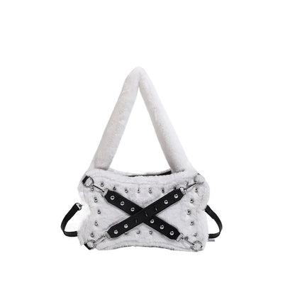 Gothic Alt Goth Y2K Bone Plush Studded Crossbody Shoulder Bag (available in 2 colors)
