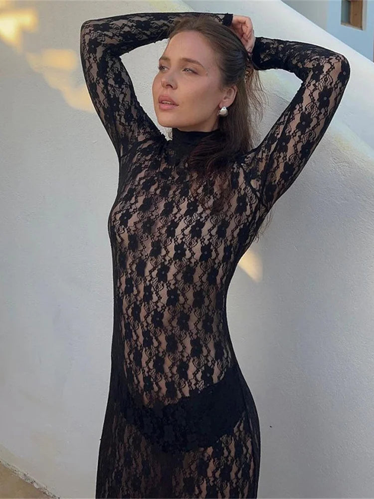 Gothic Dark Feminine Mesh Lace See Through Bodycon Long Dress ROCK 'N DOLL Gothic Dark Feminine Mesh Lace See Through Bodycon Long Dress ROCK 'N DOLL