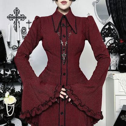 Gothic Alt Goth Red Plaid Flare Sleeve Collared Shirt Dress