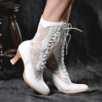Gothic Victorian Pointed Toe Lace Up Mid-Calf Boots