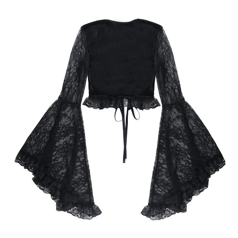 Gothic Velvet Lace Bell Sleeve Lace Up Front Top