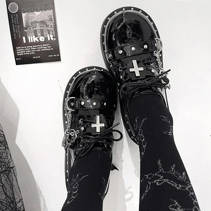 Gothic Lolita Y2K Alt Goth Cross Chain Heart Chunky Platform Shoes