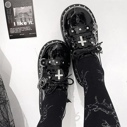 Gothic Lolita Y2K Alt Goth Cross Chain Heart Chunky Platform Shoes