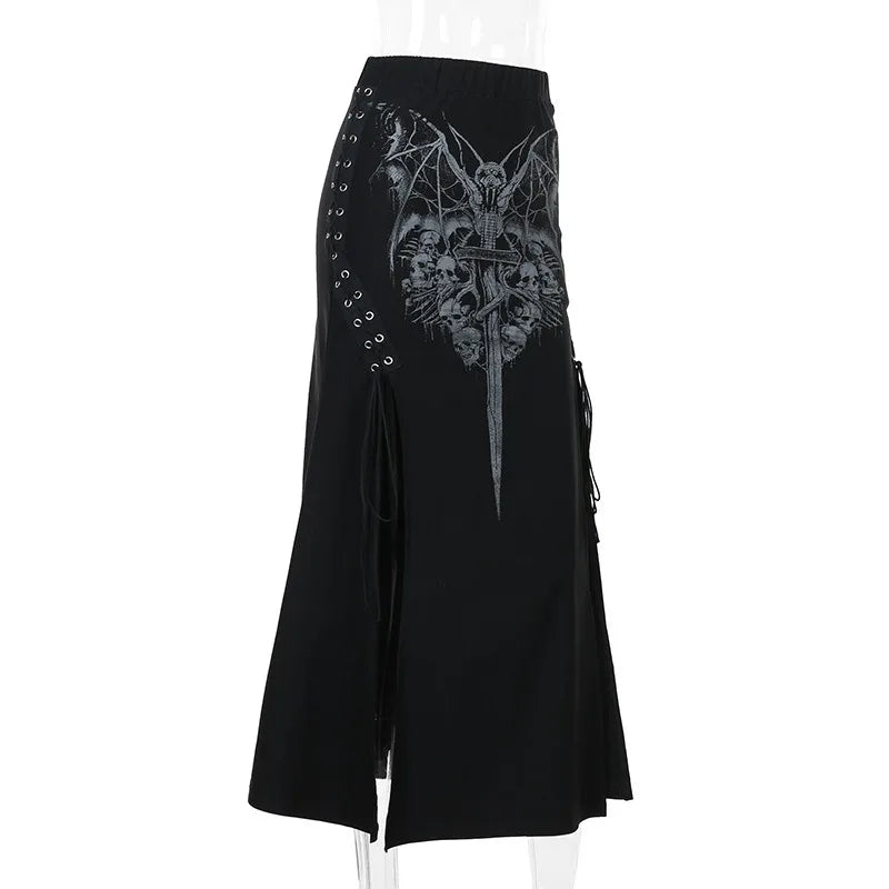 Alt Gothic Bat Skulls Print Lace Up Sides Long Skirt