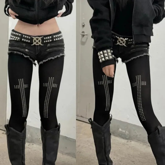 Gothic Y2K Alt Goth Cross Rhinestone Stockings Leggings Tights