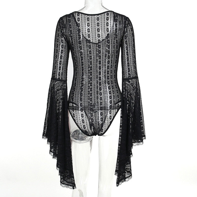 Gothic Lace Flare Sleeves V-Neck Bodysuit Top (available in 2 colors)