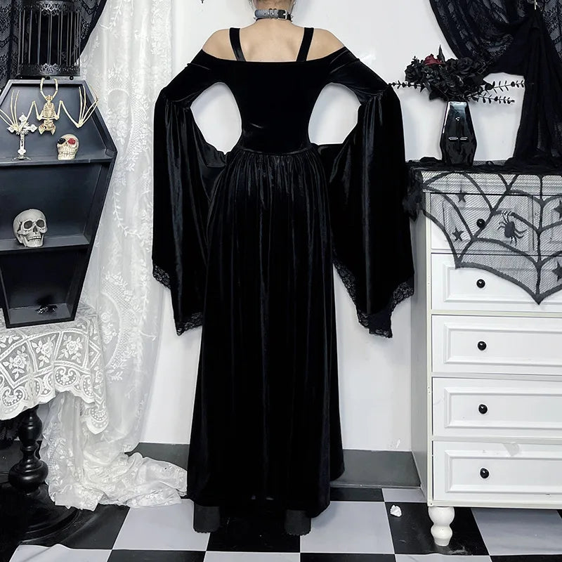 Gothic Romantic Alt Goth Cold Shoulder Bell Sleeve Lace Up Dress