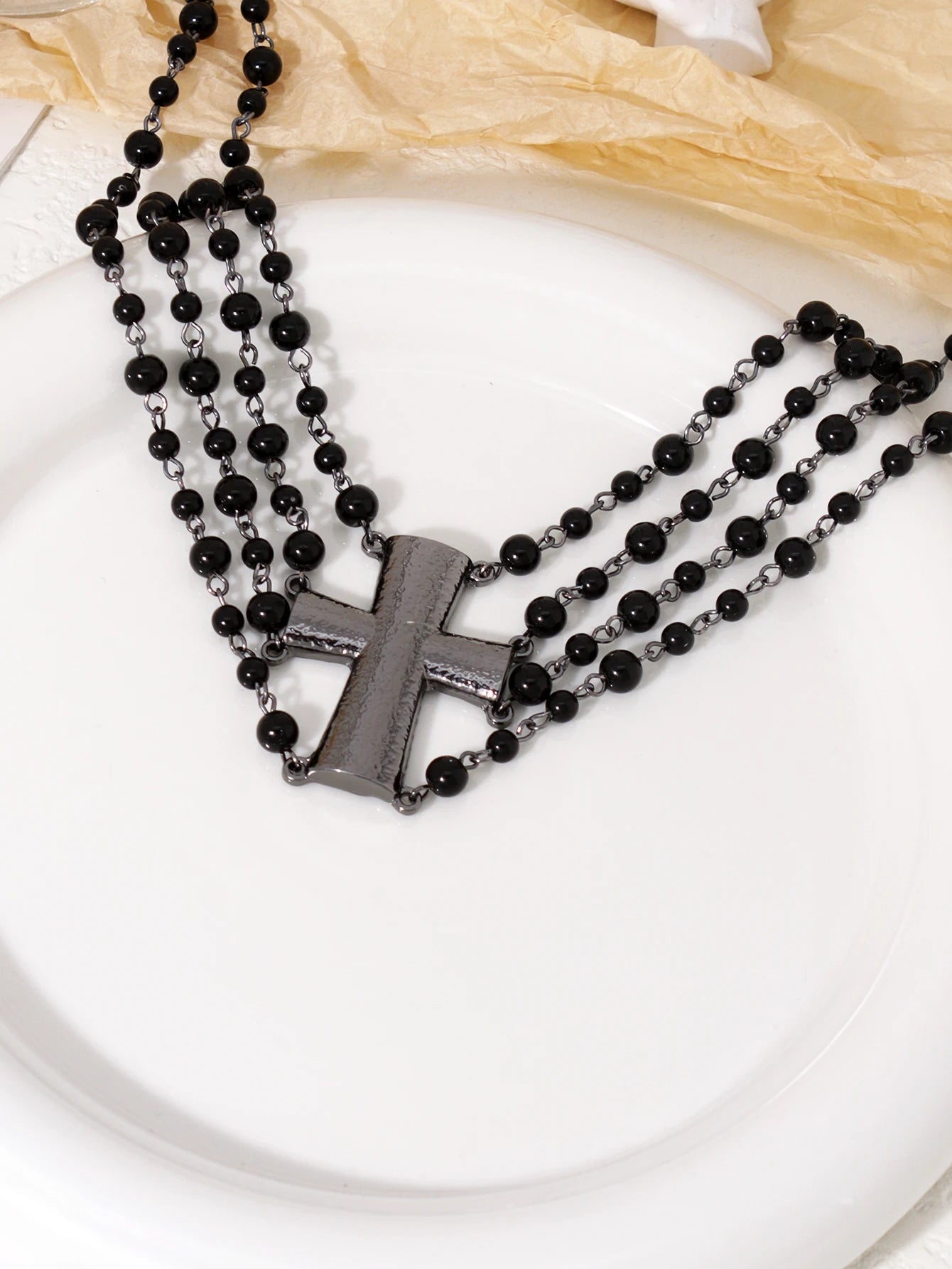 Gothic Romantic Victorian Goth Black Cross Beads Choker Necklace