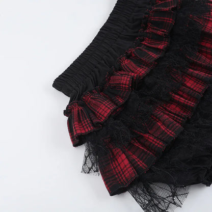 Gothic Harajuku Red Plaid Black Lace Patchwork Bloomers Shorts