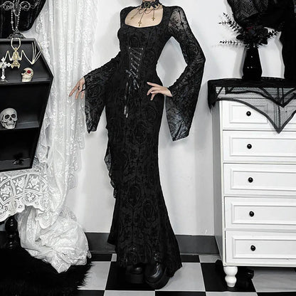 Gothic Romatic Goth Morticia Lace Up Corset Waist Sheer Flare Sleeves Dress