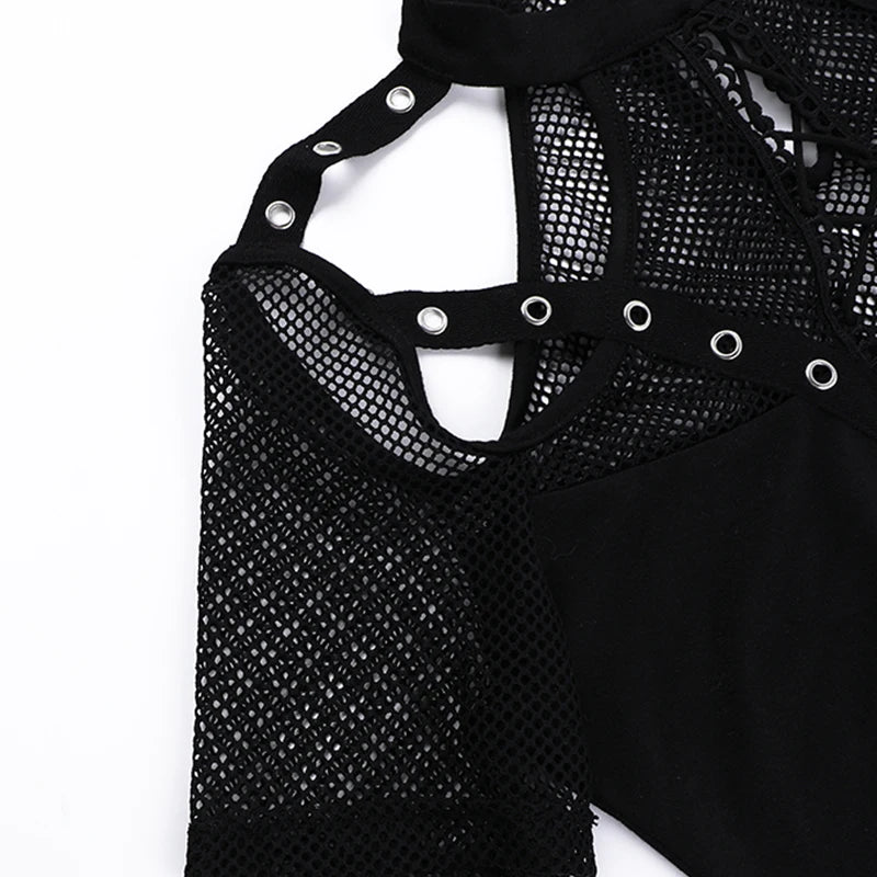 Gothic Fishnet Grommet Cut Out Short Sleeve Top