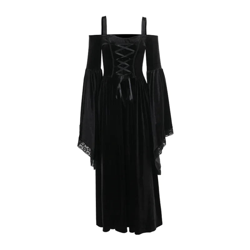 Gothic Romantic Alt Goth Cold Shoulder Bell Sleeve Lace Up Dress