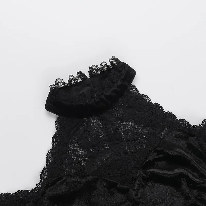 Gothic Alt Goth Cold Shoulder Bell Lace Sleeves Halter Mini Dress