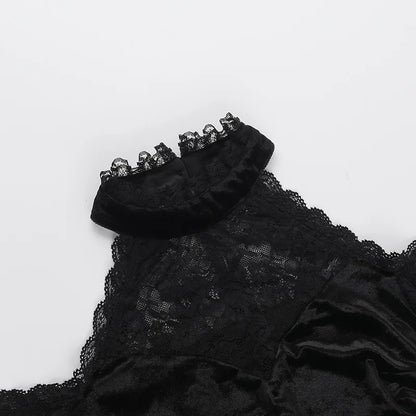 Gothic Alt Goth Cold Shoulder Bell Lace Sleeves Halter Mini Dress