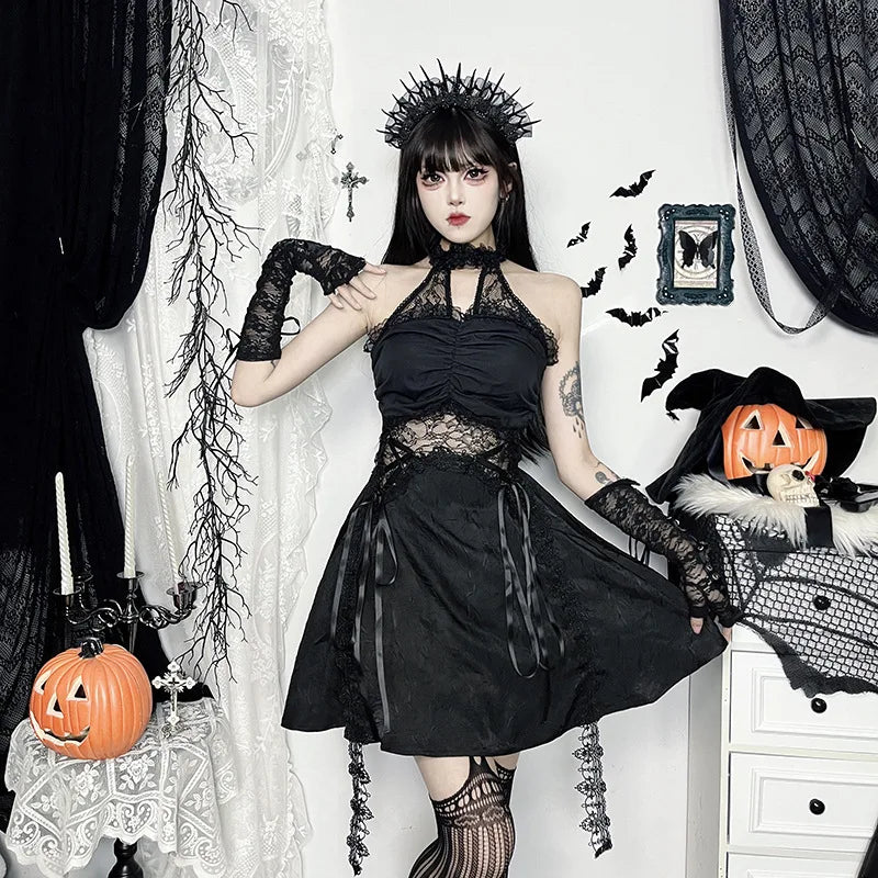 Gothic Romantic Alt Goth Lace Patchwork Ruched Halter Dress ROCK 'N DOLL Gothic Romantic Alt Goth Lace Patchwork Ruched Halter Dress ROCK 'N DOLL