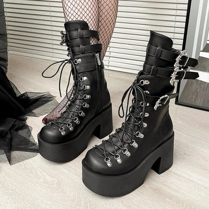 Gothic Alt Goth Bat Wings Double Buckle Lace Up Platform Boots