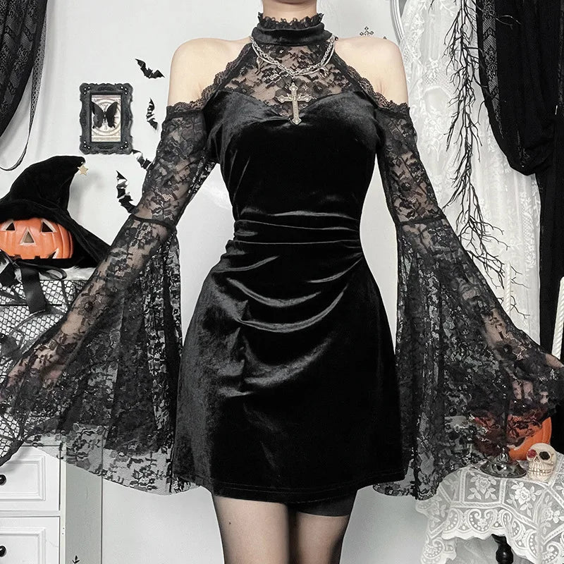 Gothic Alt Goth Cold Shoulder Bell Lace Sleeves Halter Mini Dress
