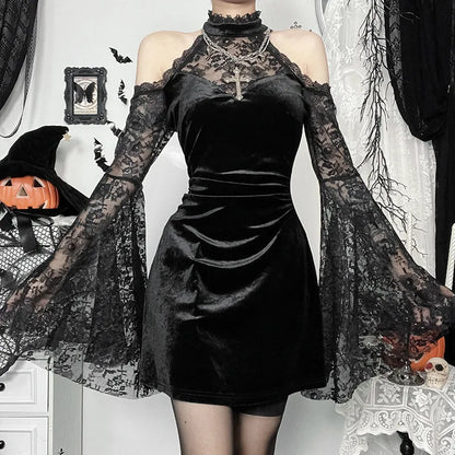 Gothic Alt Goth Cold Shoulder Bell Lace Sleeves Halter Mini Dress