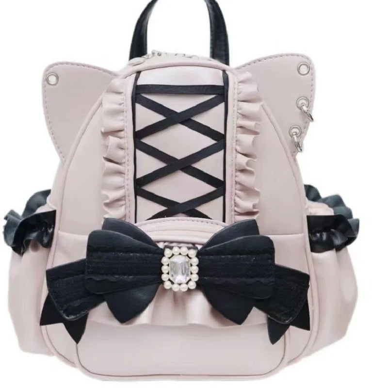 Gothic Y2K Harajuku Lolita Lace Bow Cat Ear PU Leather Backpack Bag (available in 3 colors)
