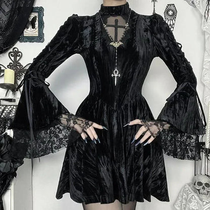 Gothic Alt Goth Vintage Cross Lace Patchwork Bell Sleeves Mini Dress