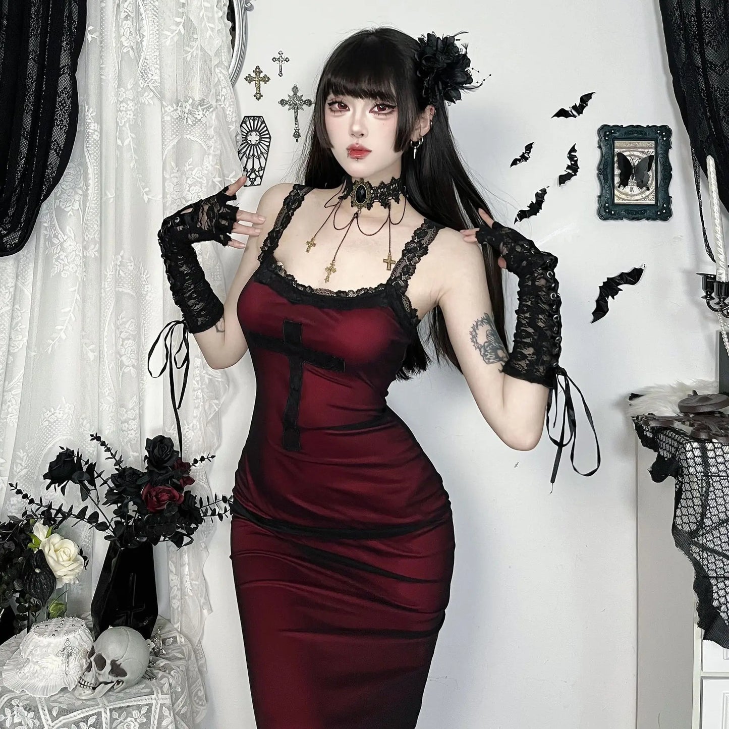 Gothic Alt Goth Cross Pattern Lace Strap Red Bodycon Dress