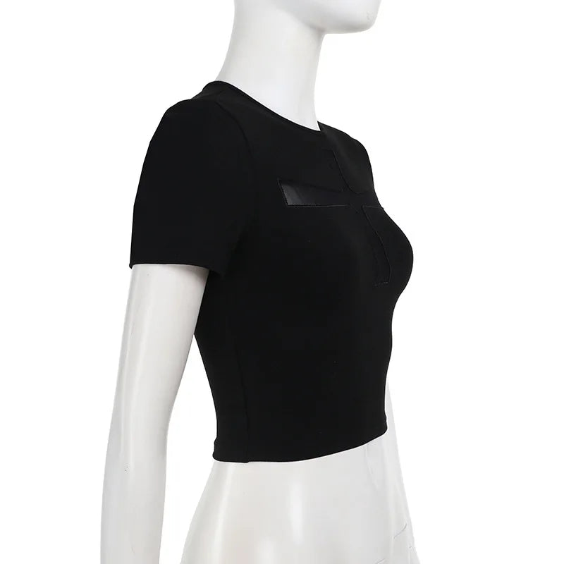 Gothic Alt Goth Cross Sheer Hollow Out Short Sleeve Shirt Top