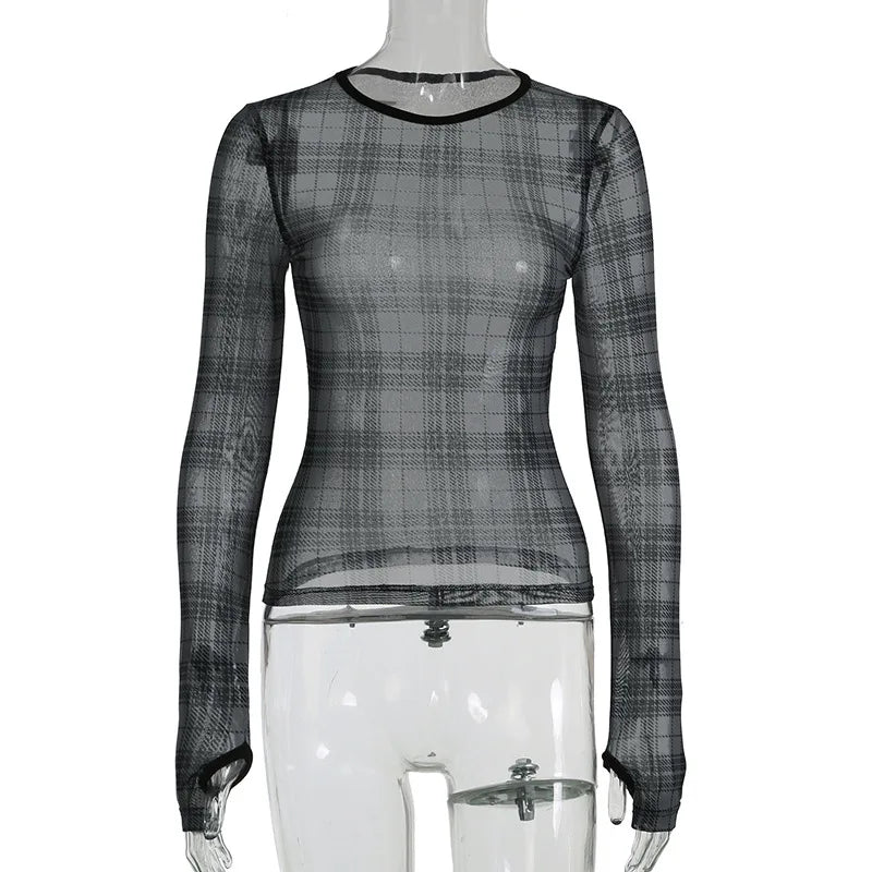 Gothic Alt Grunge Sheer Gray Black Plaid Long Sleeve Top