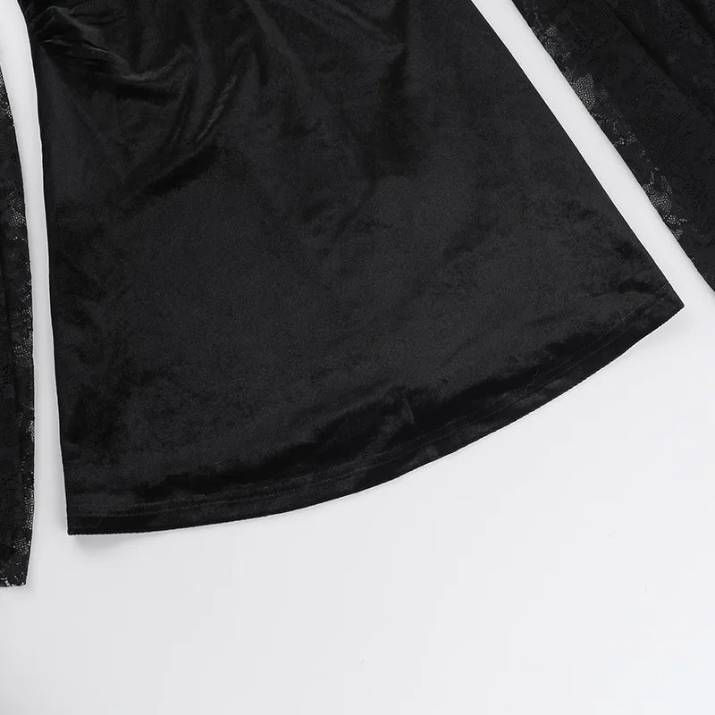 Gothic Alt Goth Cold Shoulder Bell Lace Sleeves Halter Mini Dress