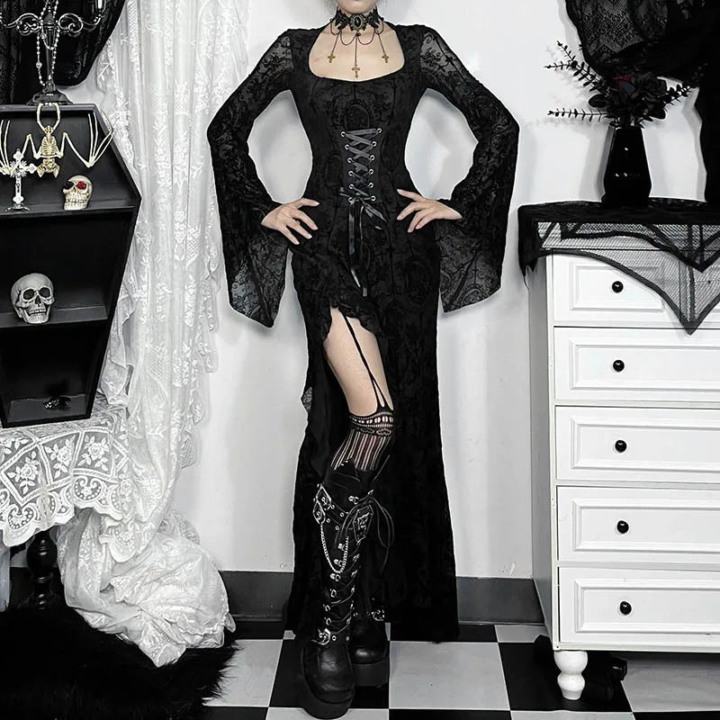 Gothic Romatic Goth Morticia Lace Up Corset Waist Sheer Flare Sleeves Dress